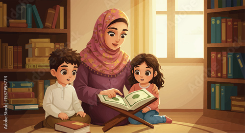 Muslim Mother Teaching Children to Read Quran