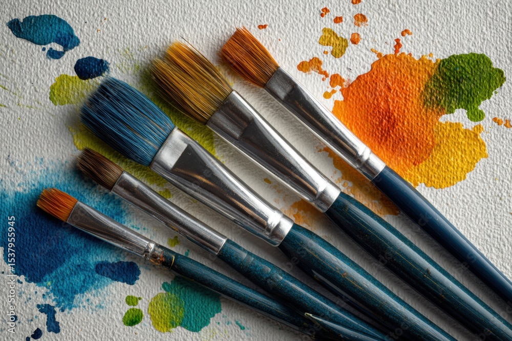 Fototapeta premium Five Watercolor Brushes Arranged on Paper with Colorful Splashes