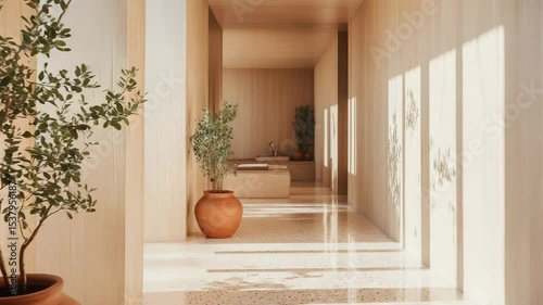 Bright hallway with terrazzo floor, clay planters, sun reflections on light wood walls, and minimal organic shapes