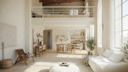 Bright loft with mezzanine visible beams soft textiles and natural palette shown with even lighting and architectural clarity