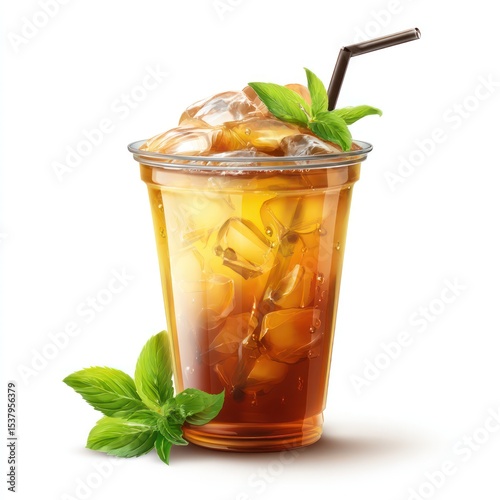 Refreshing iced tea in a plastic cup, isolated on a clear background for clean visuals.