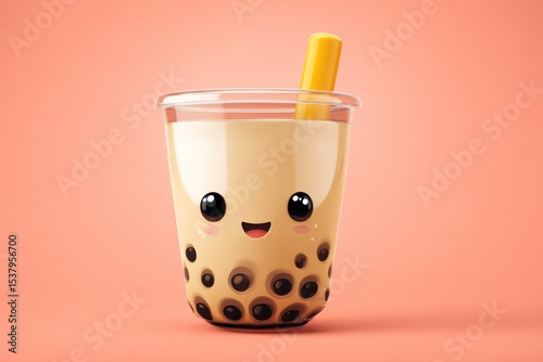 Cute cartoon bubble tea cup with boba pearls, perfect for creative and engaging designs.