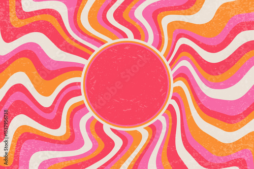 Retro background with sun and spiral rays. 70s swirl abstract sunburst summer poster with grainy texture. Psychedelic radial striped orange and pink wallpaper