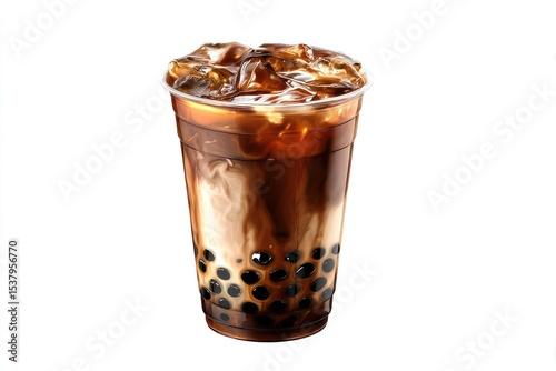 Iced boba tea in plastic cup, isolated to create clear and refreshing visuals for marketing.