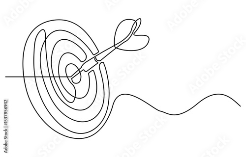 Target with an arrow hitting the center, one continuous line illustration. Continuous line drawing of archery target with arrow. Concept of archery or reaching the goal in business. Vector.