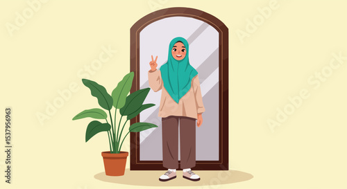  Young Muslim Woman in Hijab Making a Peace Sign in Front of a Mirror