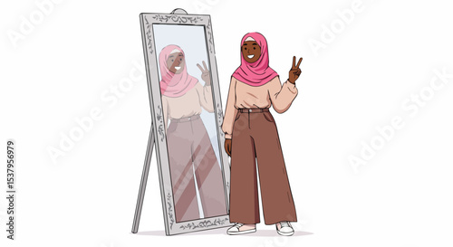  Young Muslim Woman in Hijab Making a Peace Sign in Front of a Mirror