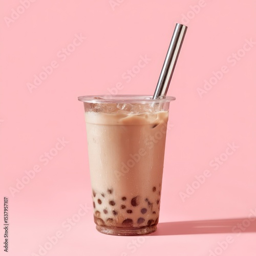 Sleek clear cup of iced taro bubble tea with a simple straw, perfect for a cool sip.