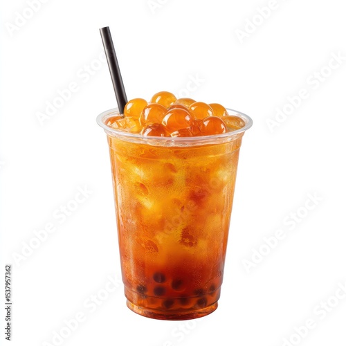 Lychee bubble tea served in a clear plastic cup with boba pearls, isolated on a clear background.