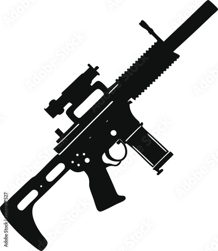 Silhouette of an Assault Rifle with Scope and Magazine Depicting Military Technology and Modern Warfare