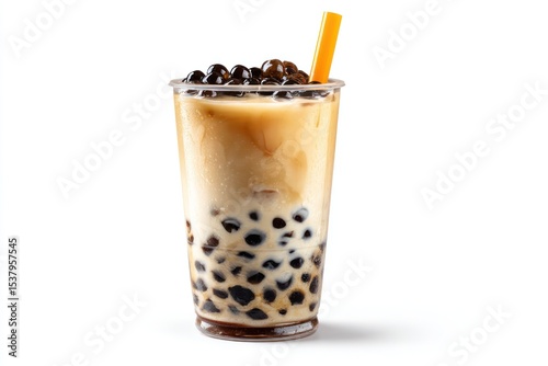 Smooth boba tea isolated in a clear cup, showcasing the drink and tapioca pearls.