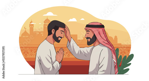 Muslim Father and Son in Traditional Attire in the Desert