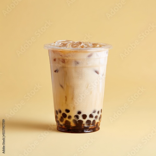 Minimalist plastic cup filled with iced almond milk tea, featuring chewy boba pearls inside.