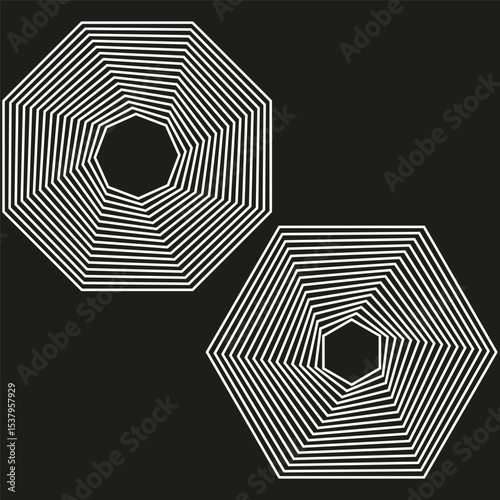 Hexagon stripe forms. Geometric layered shapes. Vector optical illusion. Black white symmetry.