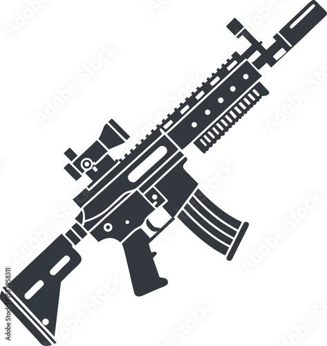 Black and White Vector Graphic of an Assault Rifle with an Attached Scope and Suppressor Illustration