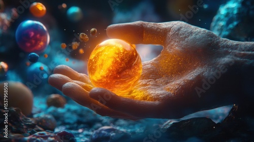 Hand holding a fiery ball of flame radiating intense heat and energy in a captivating display of power and focus