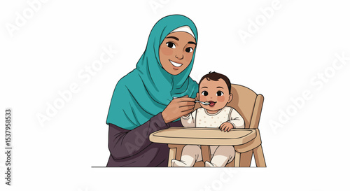 Muslim Mother Feeding Her Baby in a High Chair