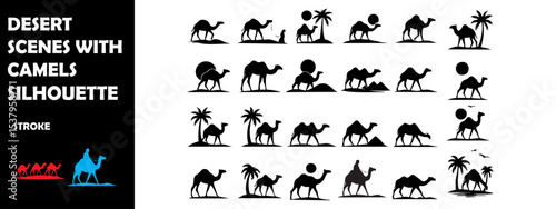 Desert Scenes with Camels Silhouette Vector Set – Dunes, Wildlife, and Traditional Caravan Views