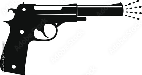 A Silhouette of a Handgun Firing with Smoke Emanating from the Barrel Depicting Concepts of Violence and Firepower
