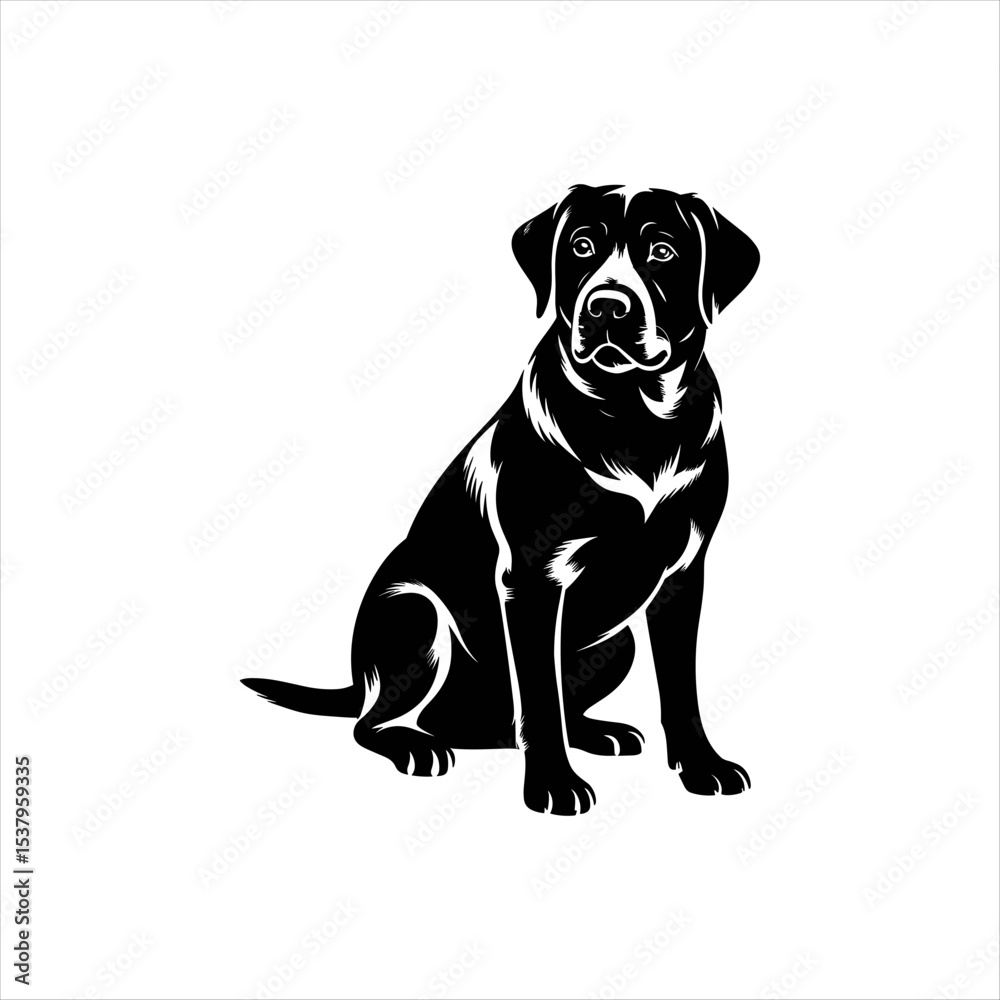 Obraz premium Realistic Black Labrador Dog Silhouette Sitting – Vector Pet Illustration Isolated on White Background 