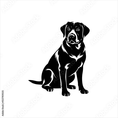 Realistic Black Labrador Dog Silhouette Sitting – Vector Pet Illustration Isolated on White Background
