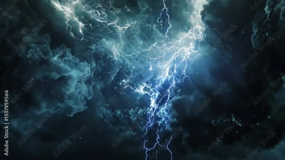 A dramatic display of stormy clouds and lightning in a dark sky.