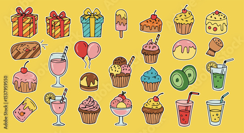 Set of Cute Hand-Drawn Party and Dessert Elements