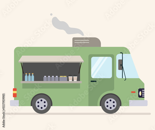 Green Food Truck Flat Vector, Mobile Street Van with Bottles and Shelf Storage, Restaurant on Wheels for Outdoor Festival