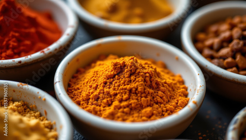 Fototapeta Naklejka Na Ścianę i Meble -  Bright orange turmeric powder in white bowl surrounded by other spices, creating warm and vibrant atmosphere
