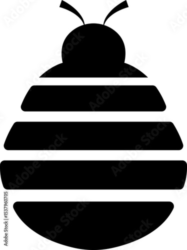 Bee icon in black flat design. Flying insect with striped body and wings vector illustration. Honeybee symbol for pollination and wildlife representation. Nature, apiary and environmental pictogram.