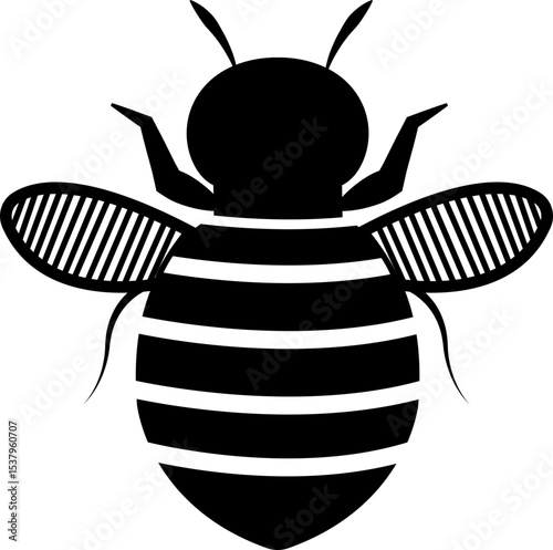 Bee icon in black flat design. Flying insect with striped body and wings vector illustration. Honeybee symbol for pollination and wildlife representation. Nature, apiary and environmental pictogram.
