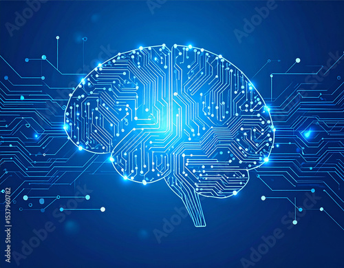 A digital brain illustration, overlaid with circuit board patterns, on a dark blue background.