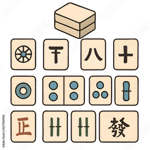 Mahjong Tiles Stacked on Transparent Background with Characters and Symbols