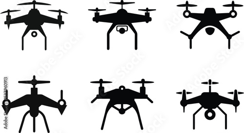 Set of vector silhouettes depicting people and military weapons like drones, rifles, pistols, and machine guns, isolated in black and white