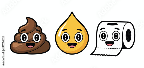 Cute Cartoon Characters of Poo, Oil Drop, and Toilet Paper
