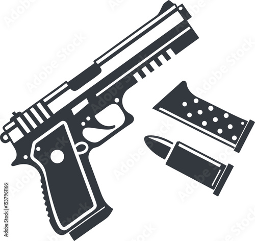 Depiction of a handgun, spare magazine and solitary bullet on an expansive white backdrop conveying a sense of stark danger