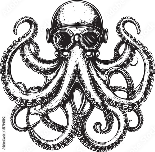 Steampunk Octopus with Diving Helmet Engraving