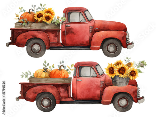 Wallpaper Mural Two Watercolor Red Vintage Pickup Trucks with Pumpkins and Sunflowers, PNG Torontodigital.ca