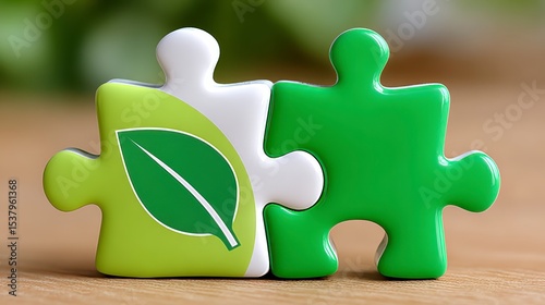 Green and White Jigsaw Puzzle Pieces on Wood Sustainable Collaboration Concept