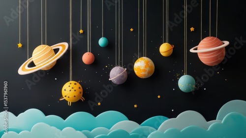 Celestial planets hanging gracefully from strings creating a whimsical and dreamy cosmic display in the air