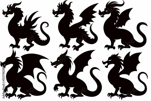 Set of Winged Dragons – Black Vector Silhouettes of Fantasy Reptile Creatures