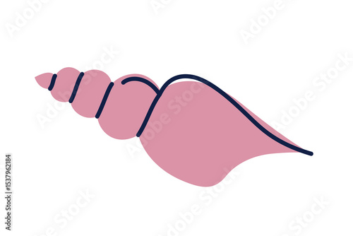 Vector illustration of elegant elongated sea shell in flat cartoon style. Marine decor element for ocean and beach designs, summer patterns, nature compositions, educational materials, seashell icon