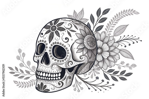 Tribal gothic skull with wings and floral tattoo illustration