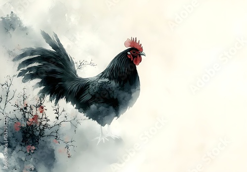 Black Rooster in Watercolor Style