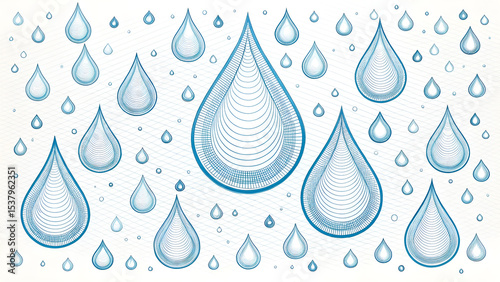Abstract tear-shaped vector droplets with transparent centers scattered randomly, featuring thin smooth lines in a minimal style, ideal for water, clean energy, spa, and wellness designs