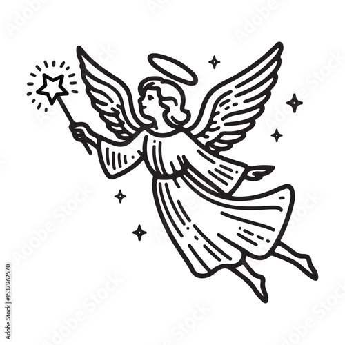 Line art of angel holding a magic wand flying in the sky cartoon vector