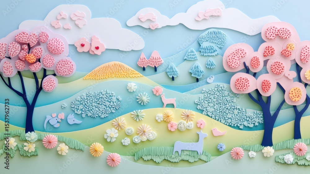 Naklejka premium Colorful paper art landscape with trees, flowers, hills, and animals in soft pastel spring scenery