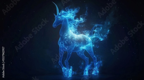 Enchanting unicorn surrounded by mystical blue smoke creating a dreamlike scene in a fantasy world