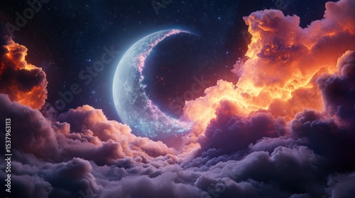 Majestic full moon illuminating the night sky with stars twinkling in the darkness of a clear evening