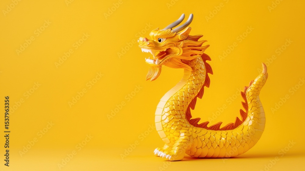 Obraz premium Bright yellow dragon with unique scales and expressive eyes gliding gracefully through a vibrant fantasy landscape